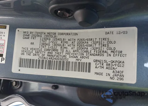 2004 Toyota 4Runner Sr5 V6 из США, поврежденный, VIN JTEBU14R240032252